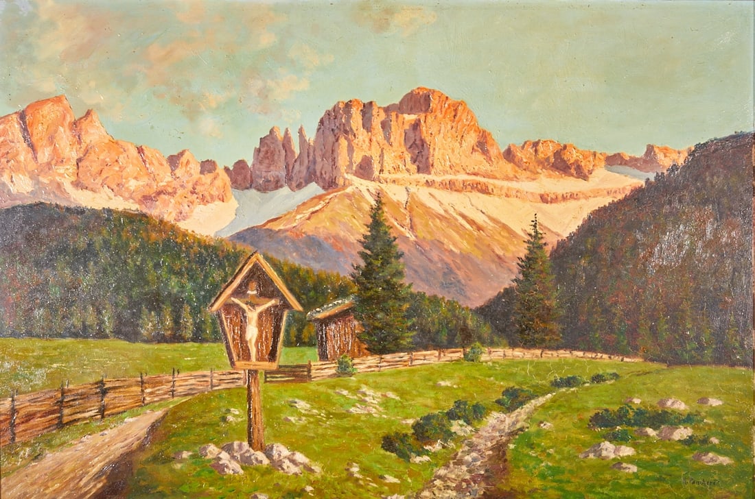 Karl Pancheri: Karl Pancheri 1906 Kitzbühel - 1974 Kitzbühel - Alpine Glow on the Rosengarten in South Tyrol - Oil/hardboard. 60 x 90 cm. 76 x 105 cm (dimensions with frame). Signed lower right: K.