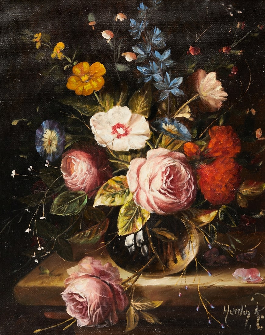 Herdin Radtke: Herdin Radtke 1943 Korschen - Rose Still Life - Oil/canvas. 30 x 24 cm. 48 x 41 cm (dimensions with frame). Signed lower right: Herdin R. Decorative frame.