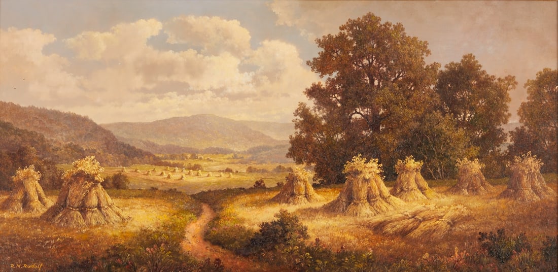 Rainer Maximilian Rudolf: Rainer Maximilian Rudolf 1931 Nuremberg - Hay Harvest - Oil/wood. 25 x 50 cm. 39 x 64 cm (dimensions with frame). Signed lower left: R. M. Rudolf. Decorative frame.