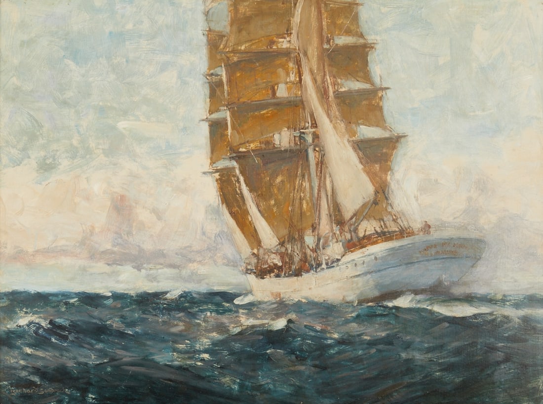 Leonhard Sandrock: Leonhard Sandrock 1867 Neumarkt (Silesia, today Poland) - 1945 Berlin - Ship on Troubled Waters - Oil/cardboard. 48.5 x 65 cm, 61 x 77.5 cm (dimensions with frame). Signed lower left: Leonhard
