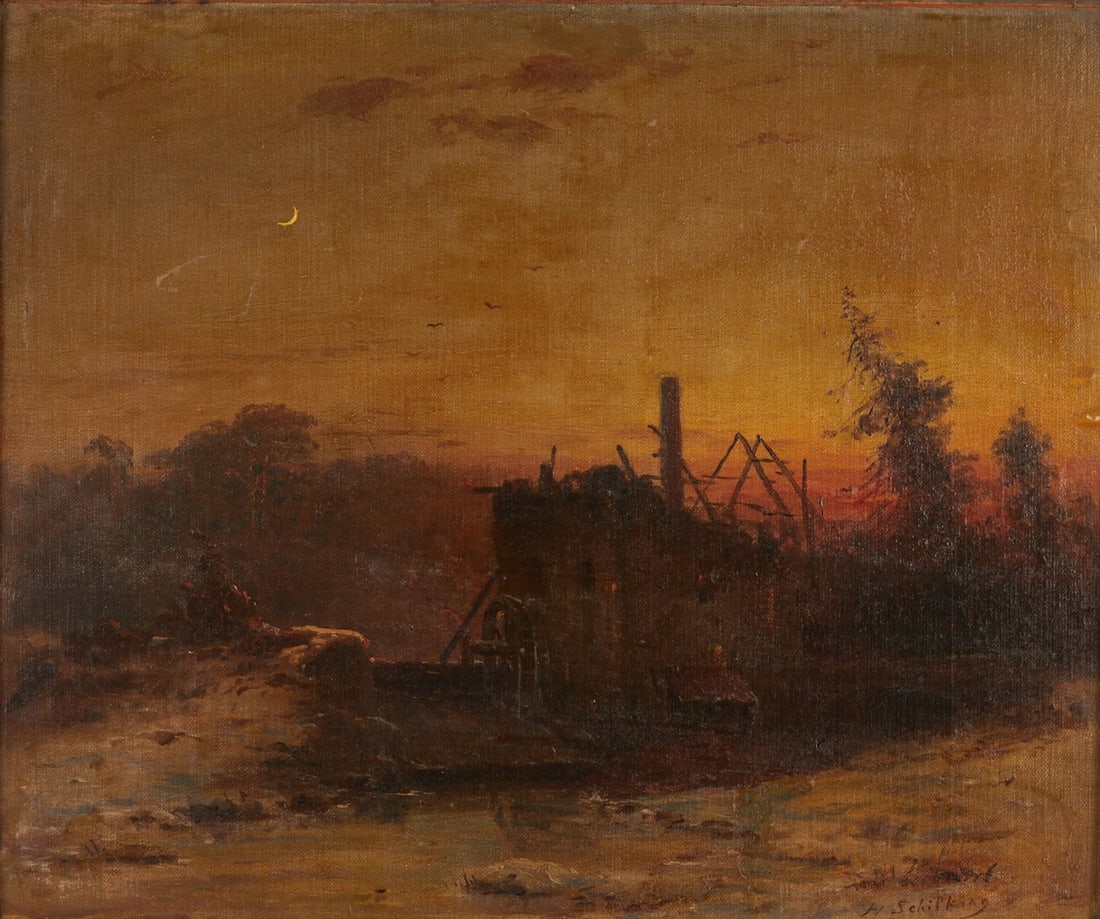 Heinrich Schilking 1815 Warendorf -: Heinrich Schilking 1815 Warendorf - 1895 Düsseldorf - Moonlit Landscape with Mill Ruins - Oil/canvas on wood. 29.5 x 36 cm. 41 x 47 cm (dimensions with frame). Signed lower right: H. Schilking.