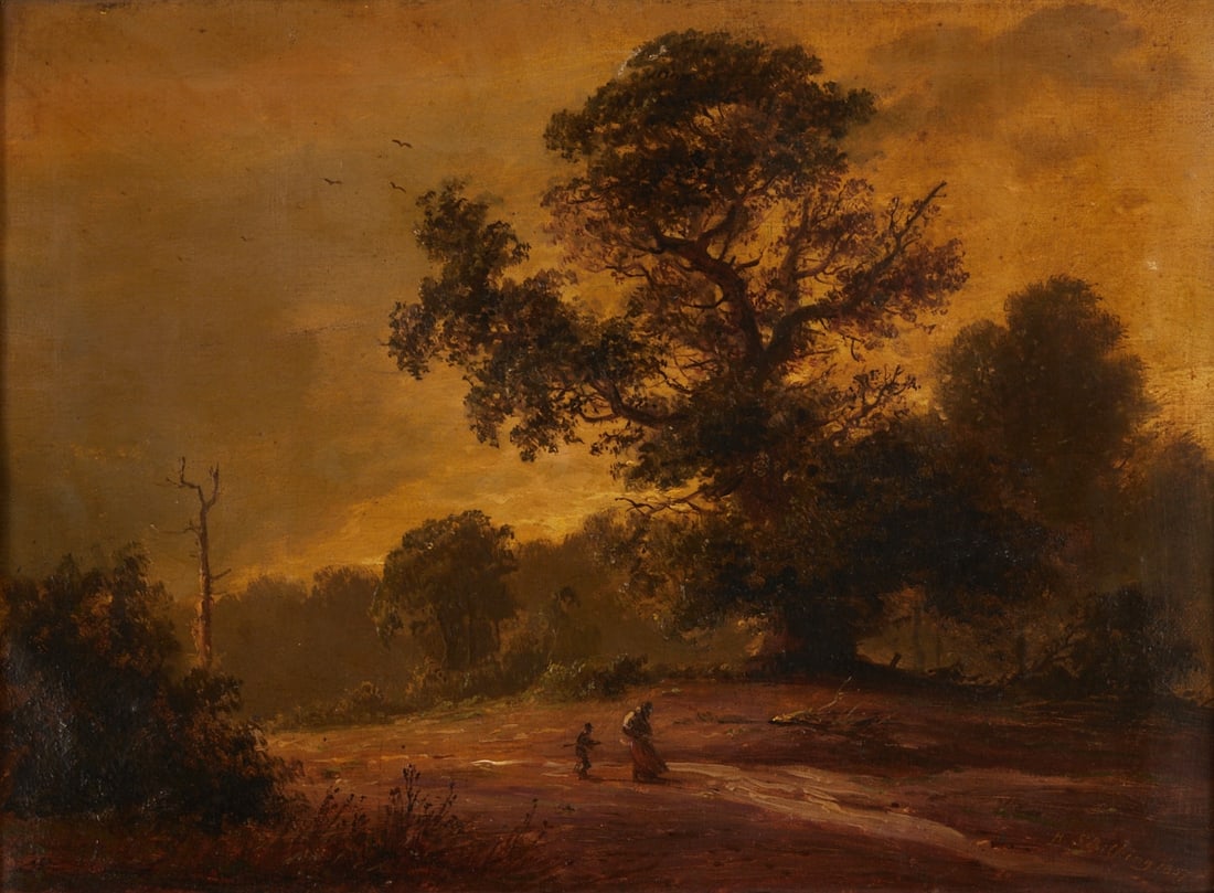 Heinrich Schilking: Heinrich Schilking 1815 Warendorf - 1895 Düsseldorf - Brushwood Collectors on a Forest Path - Oil/canvas. 27 x 36 cm. 39 x 48 cm (dimensions with frame). Signed and dated lower right: H.