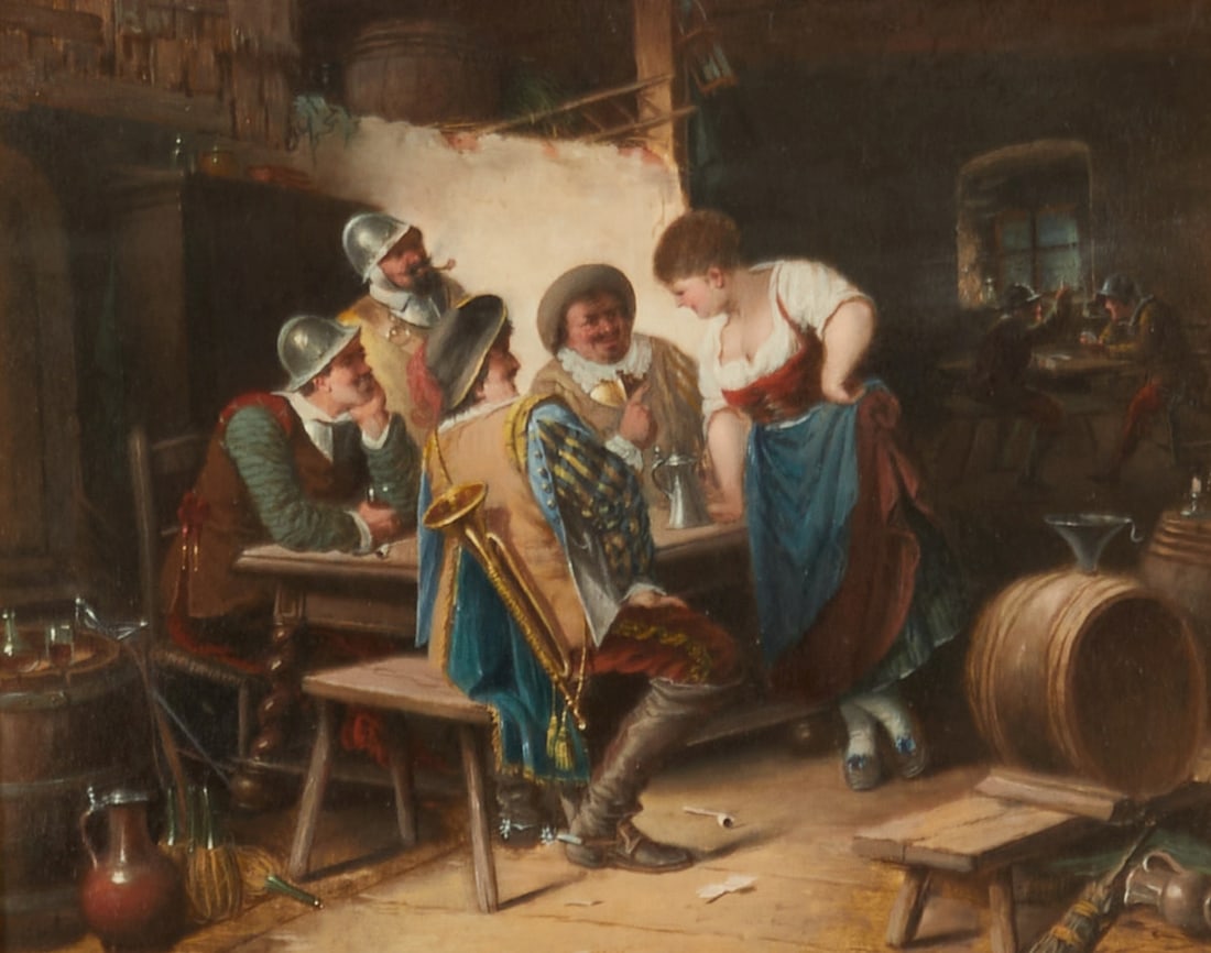 Carl Schleicher: Carl Schleicher 1825 Lemberg (Lviv) - 1903 Kingdom of Italy - In the Pub Room - Oil/wood. 21 x 26.5 cm. 50 x 54 cm (dimensions with frame). Signed lower left: Schleicher. Framed. Edges with paint