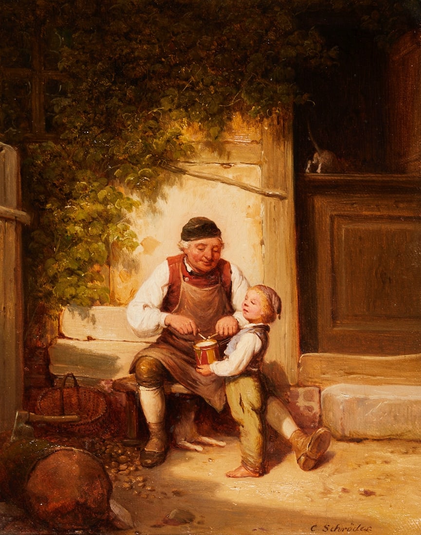 Carl (Julius Carl Hermann) Schr?¶der: Carl (Julius Carl Hermann) Schröder 1802 Braunschweig - 1867 Braunschweig - Grandfather's Drum Lesson - Oil/canvas. 31.4 x 24.8 cm. 42 x 35 cm (dimensions with frame). Signed lower right: C.