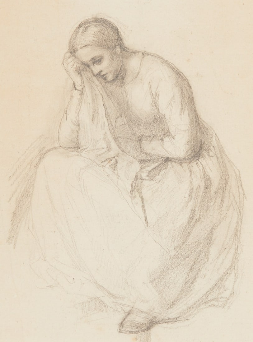 Theodor Sch??z: Theodor Schüz 1830 Tumlingen - 1900 Düsseldorf - Meditating Woman - Graphite/paper. 24.5 x 18.5 cm (passe-partout opening), 40.5 x 34 cm (dimensions with frame). Inscribed on gallery label