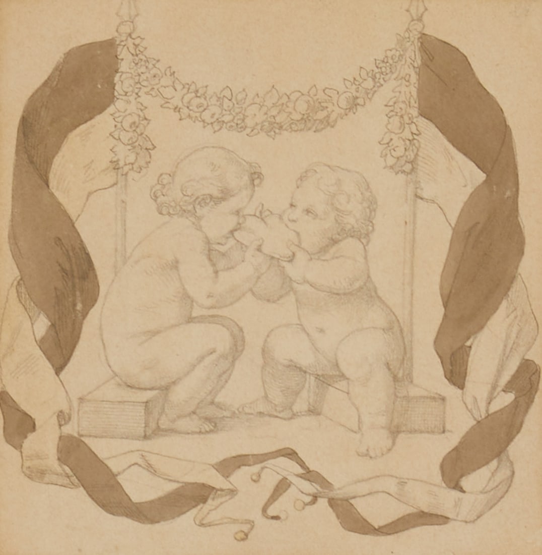 Attributed to Moritz von Schwind: Moritz von Schwind 1804 Vienna - 1871 Niederpöcking attributed - Two Children with a Heart - Pencil/paper. 13.9 x 13.7 cm. Inscribed in pencil on the reverse. Passe-partout. Fully visible,