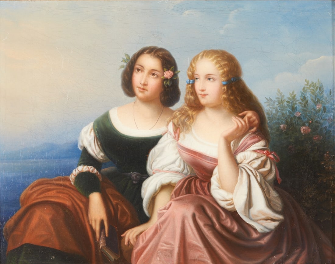 Carl (Karl) Ferdinand Sohn, Circle of: Carl (Karl) Ferdinand Sohn 1805 Berlin - 1867 Cologne Circle - "The Two Sisters" (The Two Siblings) - Oil/canvas. Doubled. 34 x 44.5 cm. 44 x 53 cm (dimensions with frame). Decorative