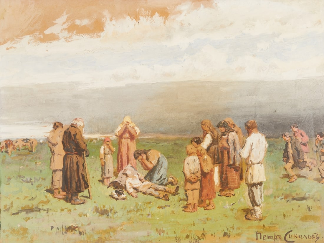 Peter Sokolov: Peter Sokolov 1821 Saint Petersburg - 1899 Saint Petersburg - Field Scene - Watercolor/paper. 29 x 39 cm (visible size), 37.8 x 48 cm (size with frame). Signed lower right: (in Cyrillic script) Peter