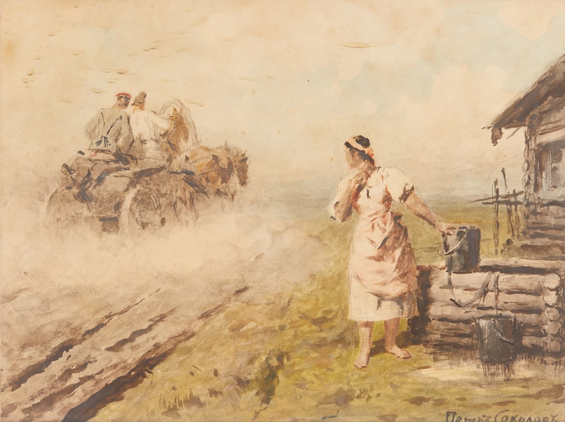 Peter Sokolov: Peter Sokolov 1821 Saint Petersburg - 1899 Saint Petersburg - Departing Troops - Watercolor/paper. 29 x 39 cm (visible size), 38 x 48 cm (size with frame). Signed lower right: (in Cyrillic script)