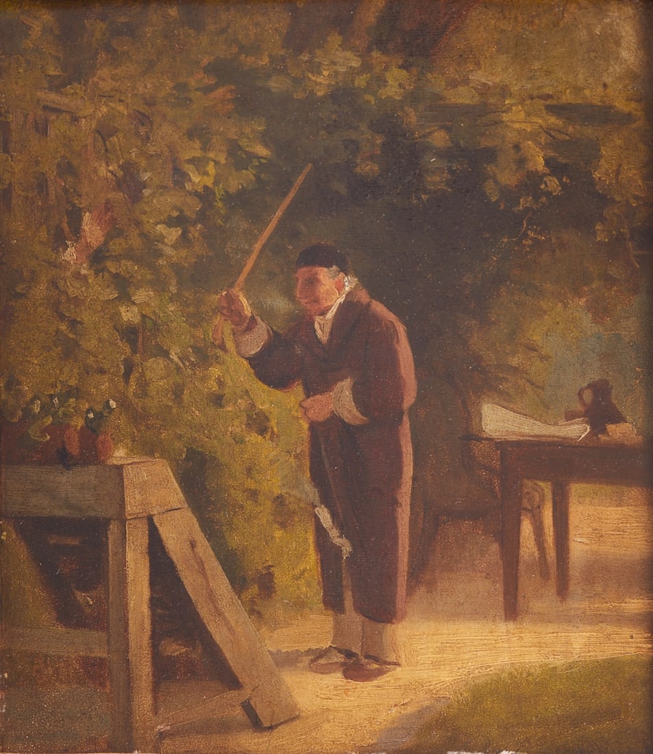 Carl Spitzweg: Carl Spitzweg 1808 Munich - 1885 Munich - "After the Morning Coffee" - (c. 1845/50) Oil/thicker paper on wood. 26.3 x 22.4 cm. 38.5 x 35 cm (size with frame). On the reverse, on old paper