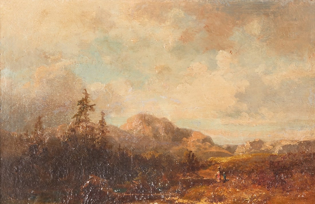 Carl Spitzweg: Carl Spitzweg 1808 Munich - 1885 Munich - "Allgäu High Valley (first version)" - (c. 1865/70) Oil/wood. Parqueted. 14 x 21 cm. Monogrammed lower left: S (in rhombus). Frame. - Lit.: