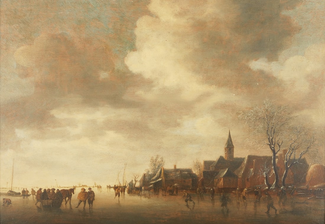 Attributed to Anthonie Verstralen: Anthonie Verstralen 1593 Gorinchem - 1641 Amsterdam attributed - Ice Skating Pleasure - Oil/wood. 46 x 66 cm. 61 x 81 cm (size with frame). On the reverse with a copy of a handwritten expertise by