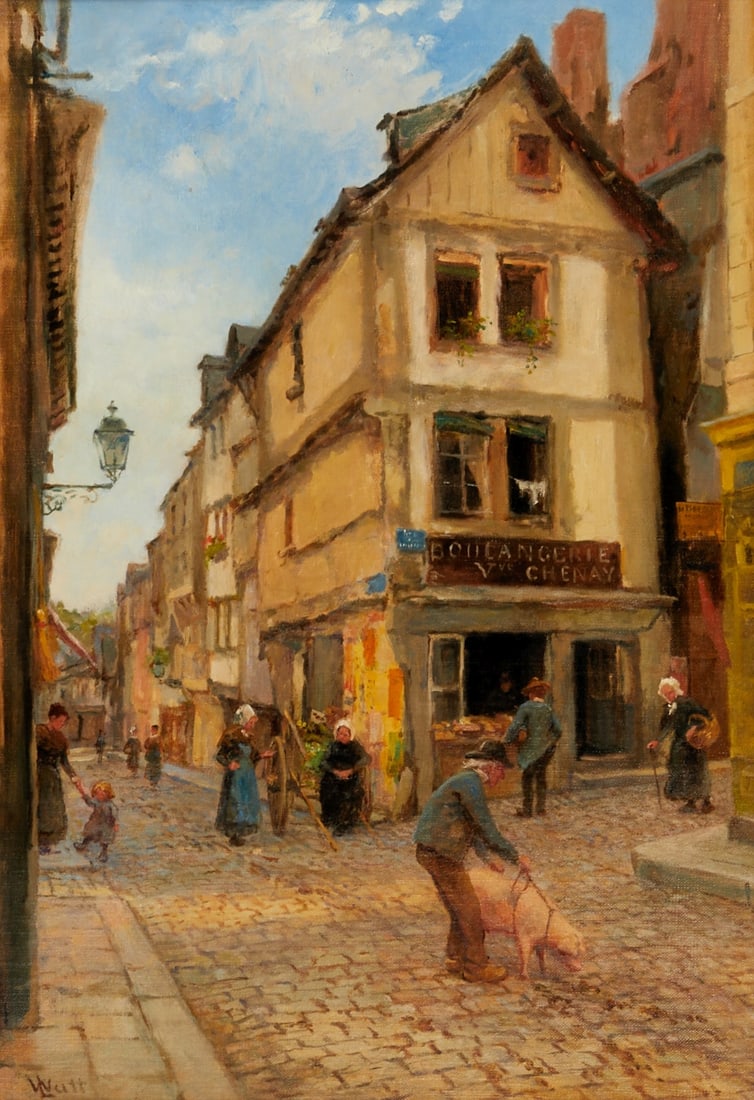 Katherine Caroline (Linnie) Watt: Katherine Caroline (Linnie) Watt 1847 London - 1916 - "A Truffle Hunter in Brittany Street" - oil/canvas. 55 x 38 cm. 68 x 52 cm (dimensions with frame). Signed lower left: L Watt