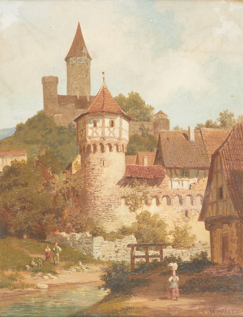Karl Weysser: Karl Weysser 1833 Durlach - 1904 Heidelberg - View of Möckmühl - oil/bristol board. 30.5 x 23 cm, 40.7 x 34 cm (dimensions with frame). Signed lower right: C. Weysser. Frame. Restored.