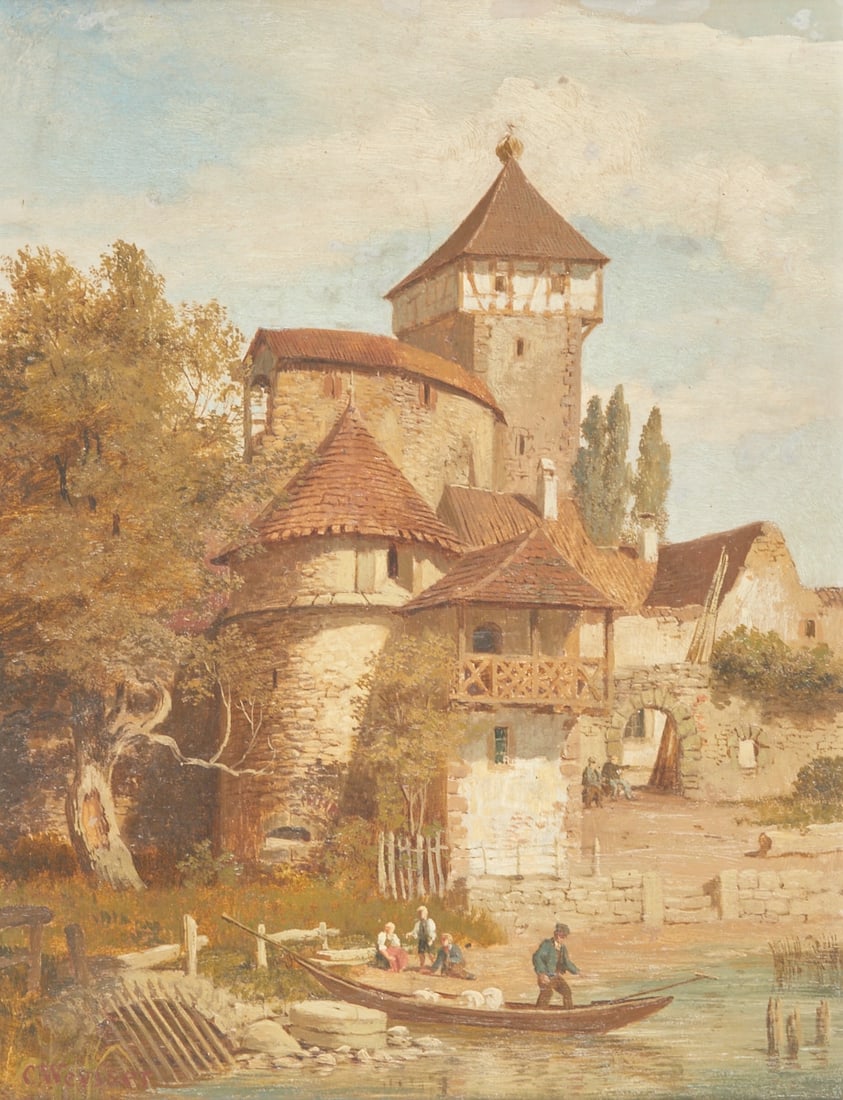 Karl Weysser: Karl Weysser 1833 Durlach - 1904 Heidelberg - View of Radolfzell - oil/bristol board. 30.5 x 23 cm, 41 x 34 cm (dimensions with frame). Signed lower left: C. Weysser. Frame. Frame has chipping.