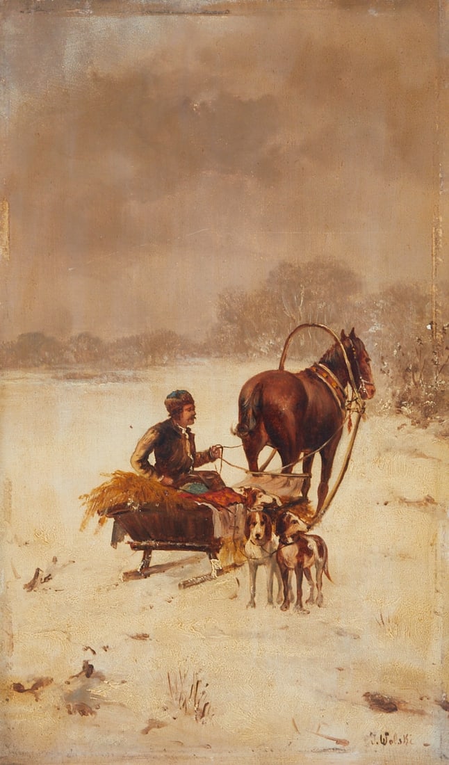 Jan Wolski: Jan Wolski 1907 Poland - 1990 Poland - Man with carriage in the snow - oil/wood. 26.3 x 16 cm. Signed lower left: J. Wolski. Minimally soiled. Paint loss at the edges. Jan Wolski was a Polish artist.
