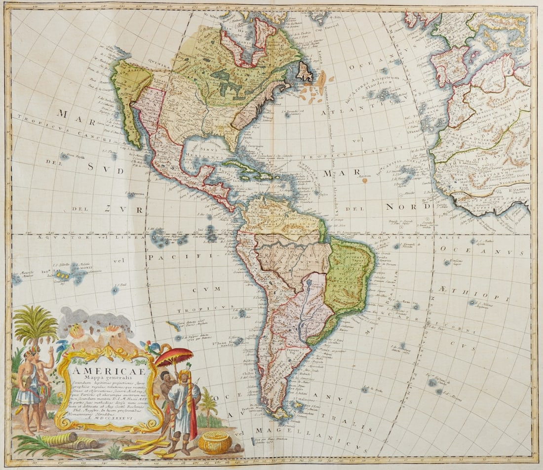 Homann's Heirs: Homann's Heirs Heirs of Joh. B. and Joh. C. Homann. Active after 1730 - "Americae. Mappa generalis" - (1764) colored copper engraving/paper. 49 x 56.7 cm, 51.8 x 62.3 cm. Vertical central fo
