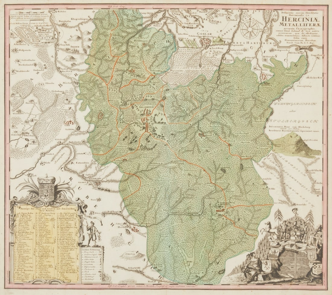 Homann's Heirs: Homann's Heirs Heirs of Joh. B. and Joh. C. Homann. Active after 1730. - Herciniae Metalliferae (Harz Region) - colored copper engraving/paper. 51.5 x 57.5 cm (visible size), 54 x 60 cm (dimensions wi