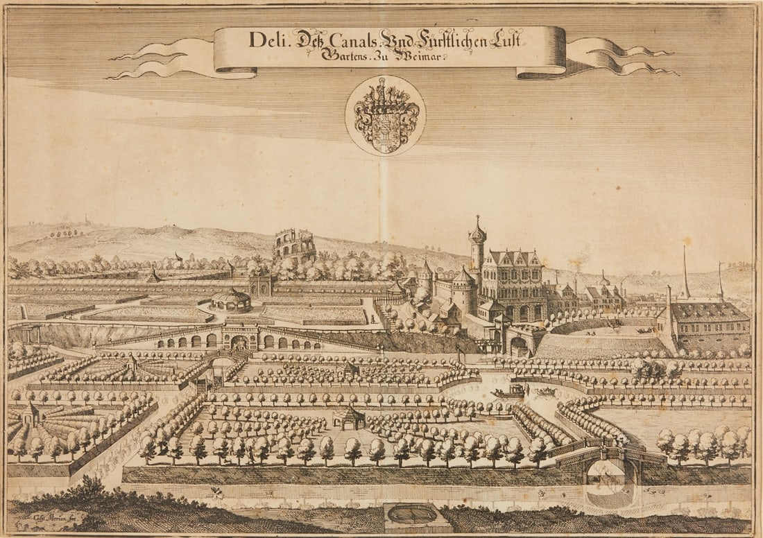 Caspar Merian: Caspar Merian 1627 Frankfurt am Main - 1686 Schloss Waltha, West Friesland - Canal and Princely Pleasure Garden in Weimar - Engraving/paper. 26.5 x 37.5 cm (mat opening), 44 x 53 cm (dimensions with f