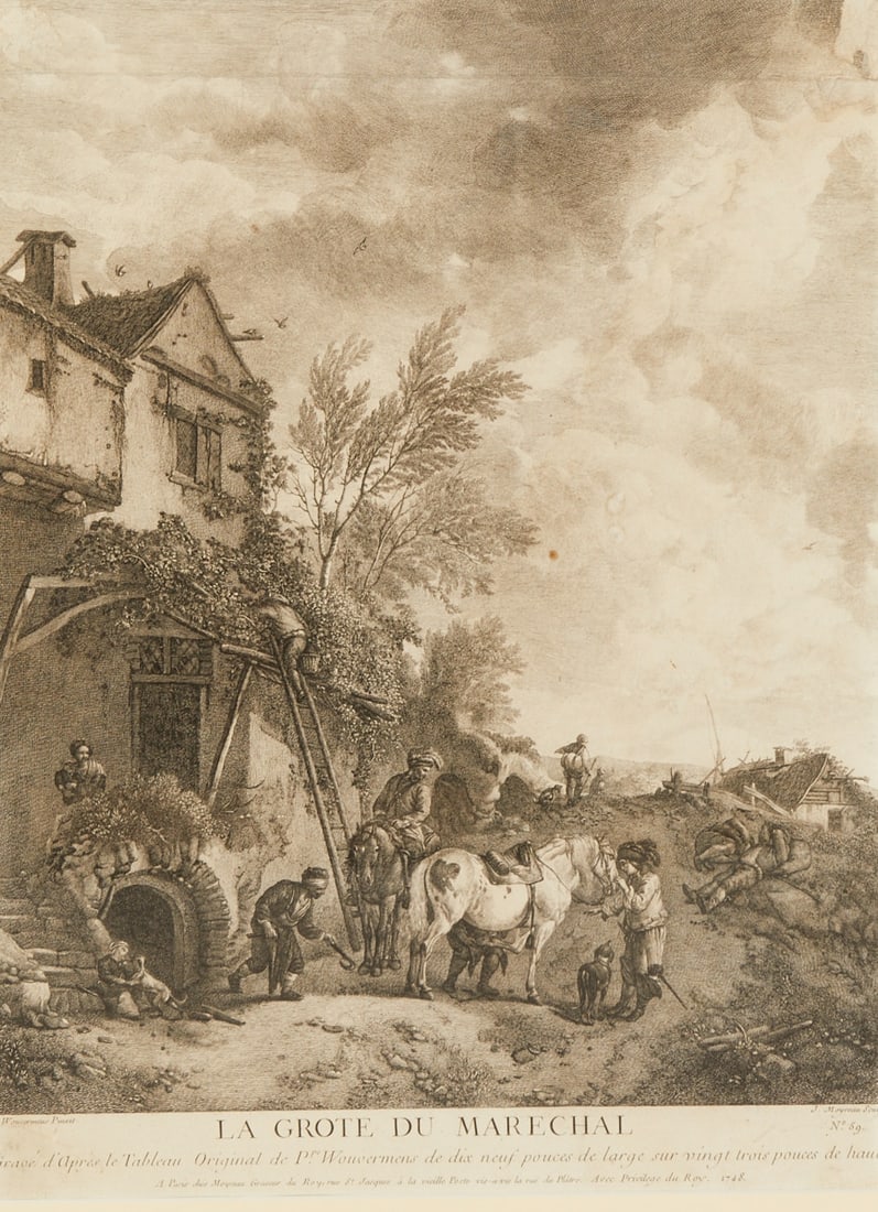 Jean Moyreau: Jean Moyreau (1690 Orléans - 1762 Paris) Philips Wouwerman (1619 Haarlem - 1668 Haarlem) - La Grote du Marechal - (1748) Engraving/paper. 64.5 x 34.5 cm (mat opening), 70 x 51.5 cm (dimensions 