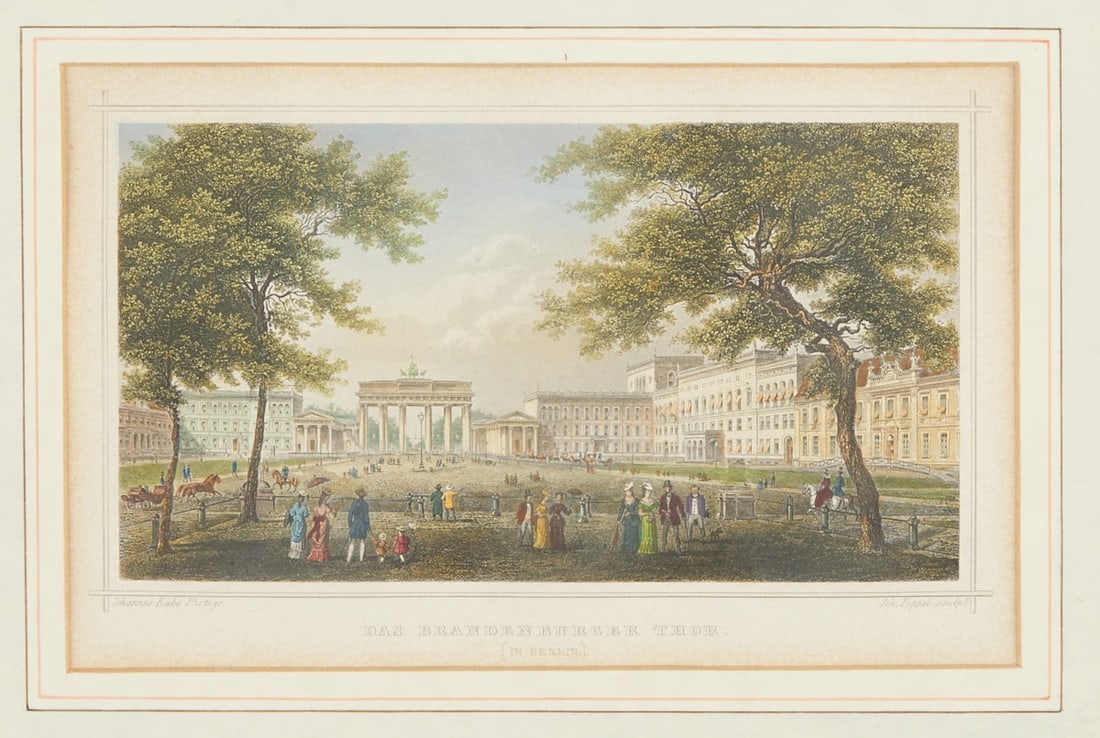 Johann Gabriel Friedrich Poppel: Johann Gabriel Friedrich Poppel 1807 Hammer - 1882 Ammerland - The Brandenburg Gate - Colored engraving/paper. 12 x 19 cm (mat opening), 25.5 x 32.5 cm (dimensions with frame). Inscribed in the print 