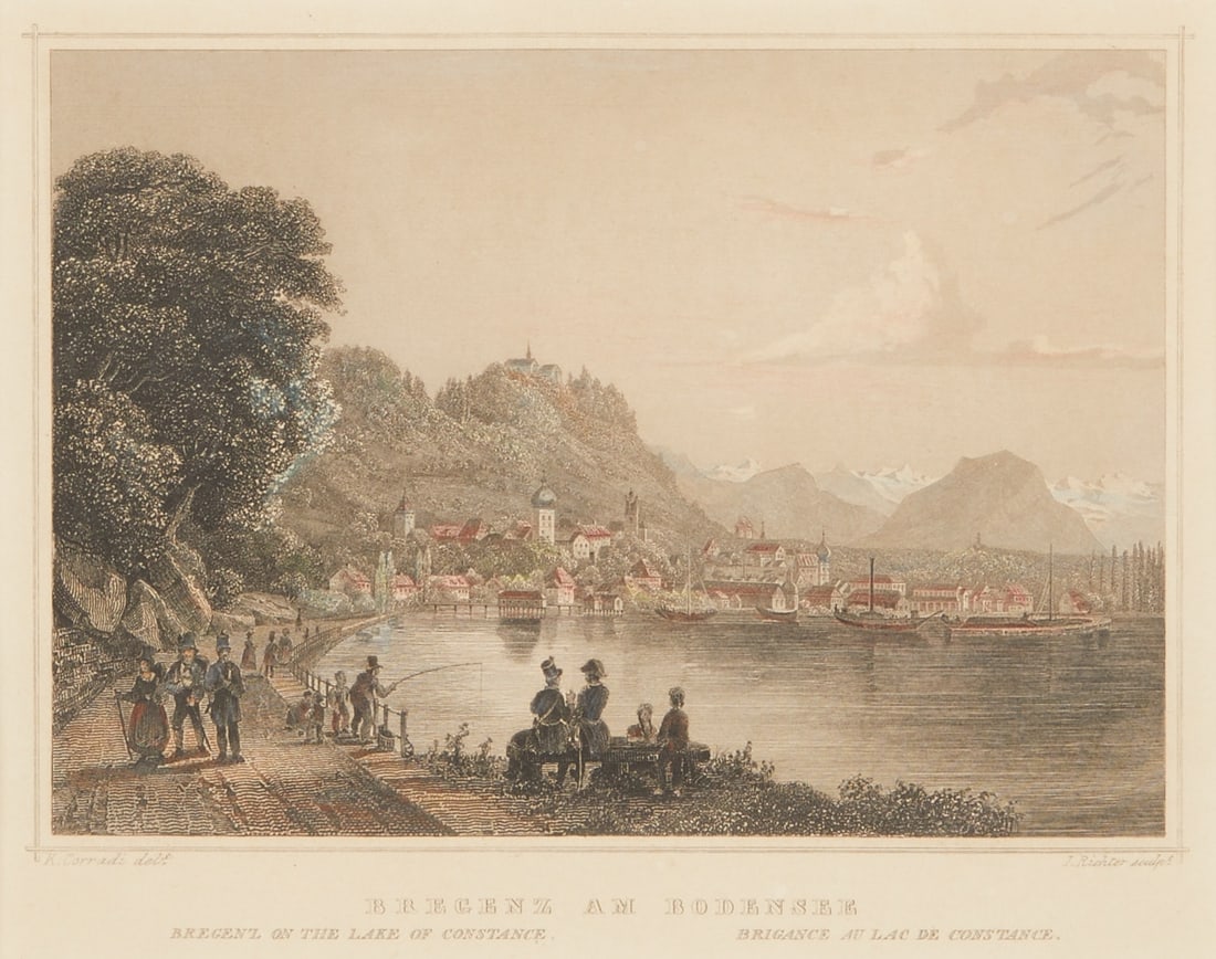 Johann Carl August Richter: Johann Carl August Richter (1785 Dresden - 1853 Dresden) Konrad Corradi (1813 Neunforn - 1878 Uhwiesen) - Bregenz on Lake Constance - Colored steel engraving/paper. 13.5 x 17 cm (mat cut-out), 24.5 x