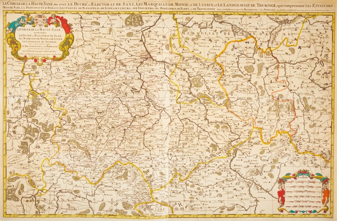 Nicolaas Sanson: Nicolaas Sanson 1600 Paris - 1667 Paris - "Le Cercle de la Haute Saxe" - Colored copper engraving/paper. 57.5 x 87.8 cm (plate dimensions), 61.5 x 95 cm (sheet dimensions). Vertical center fold.