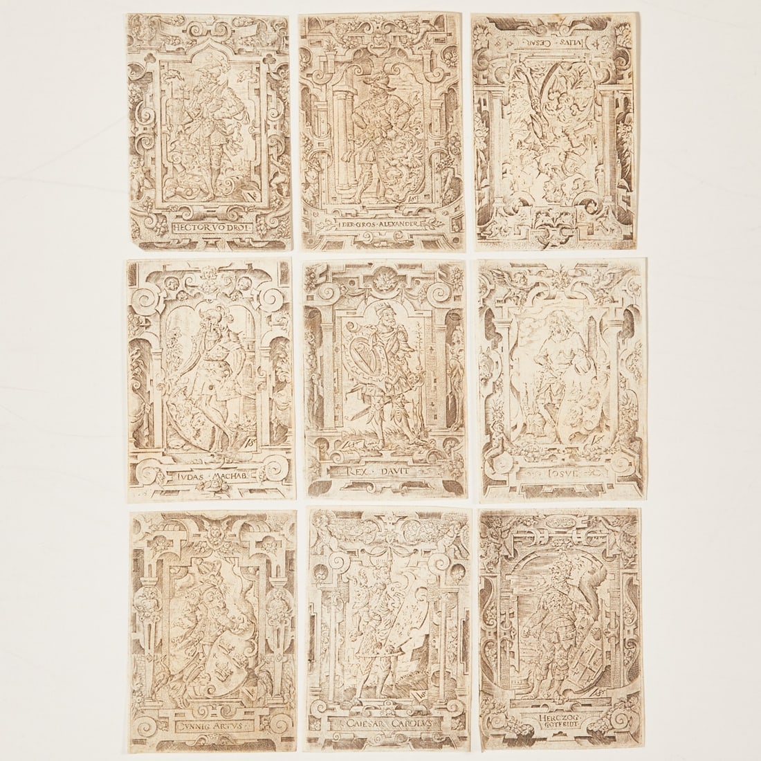 Virgil Solis: Virgil Solis 1514 - 1562 Nuremberg - Nine Heroes (after de Longuyon) - 9 copper engravings/paper. Each 8.5 x 6 cm. Monogrammed on the plate: VS. The sheets are loose. Trimmed at the plate margin.