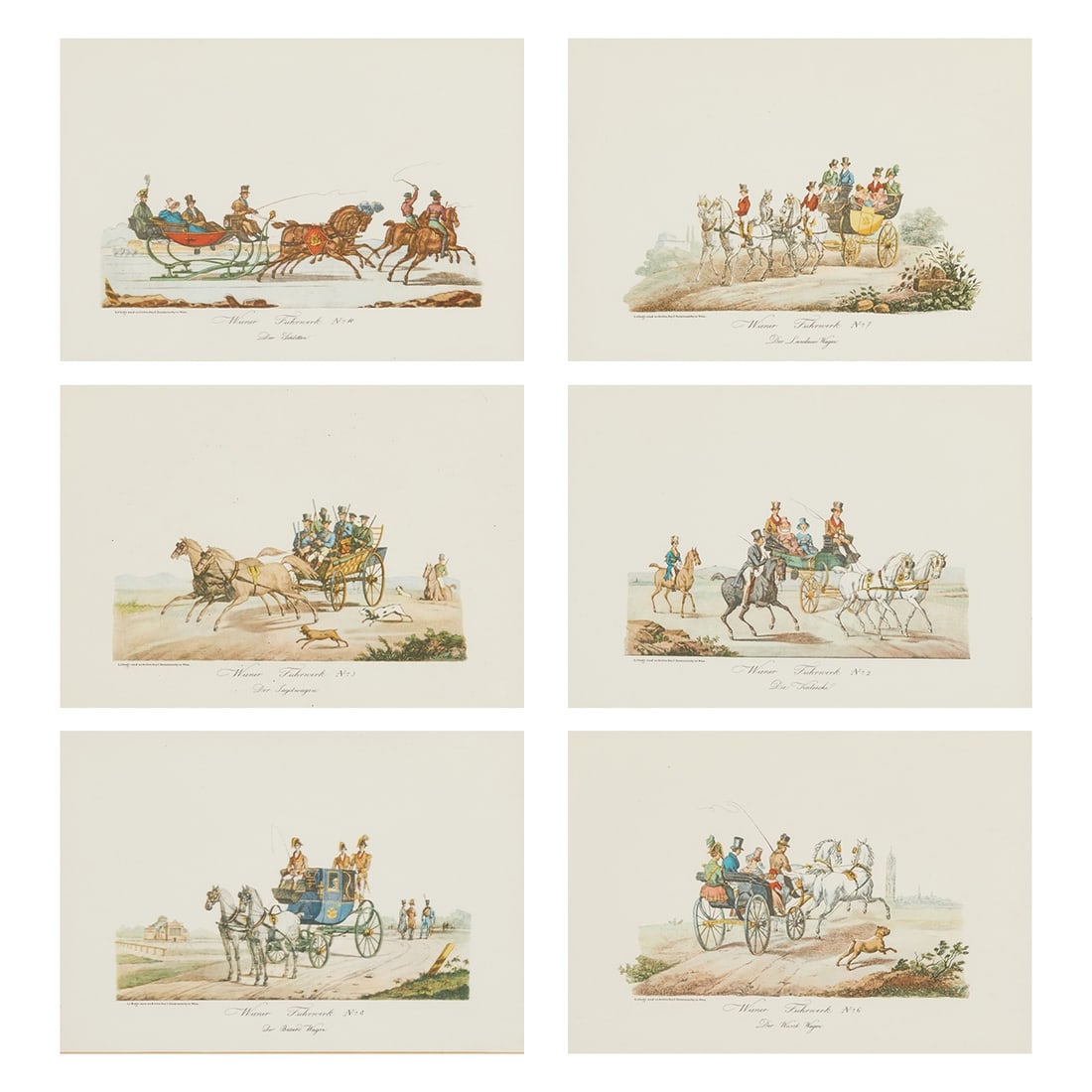 Joseph Trentsensky: Joseph Trentsensky 1793 - 1839 Vienna - Viennese Carriages - (circa 1840) 6 lithographs/paper. Each 15 x 21 cm (mat cut-out), 24 x 30.5 cm (dimensions with frame). All inscribed in print lower left:
