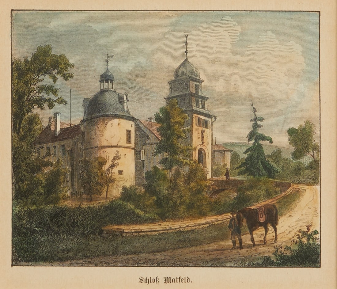 Unknown artist of the 19th century: Unknown artist of the 19th century - Matfeld Castle - (1872) Color. steel engraving/paper. 10.2 x 11.8 cm (mount cutout), 20.3 x 21 cm (dimensions with frame). In print labeled mount. Framed under