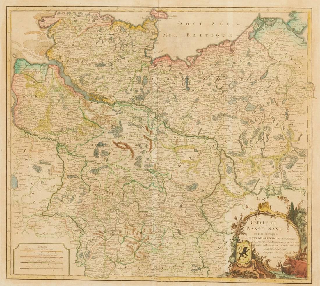 Gilles Robert de Vaugondy: Gilles Robert de Vaugondy 1686 Paris - 1777 - Cercle de Basse Saxe (Lower Saxon Imperial Circle) - (1752) Color. copper engraving/paper. 49 x 55 cm (plate size), 72.5 x 77.5 cm (dimensions with