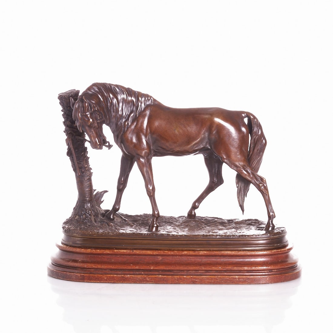 Pierre-Jules M?¨ne: Pierre-Jules Mène Paris 1810 - 1879 Paris - Cheval au Palmier - Bronze. Brown patinated. 27 x 38 x 13 cm (without wooden base). Signed on the plinth: P. J. MENE. Foundry mark. Invoice from