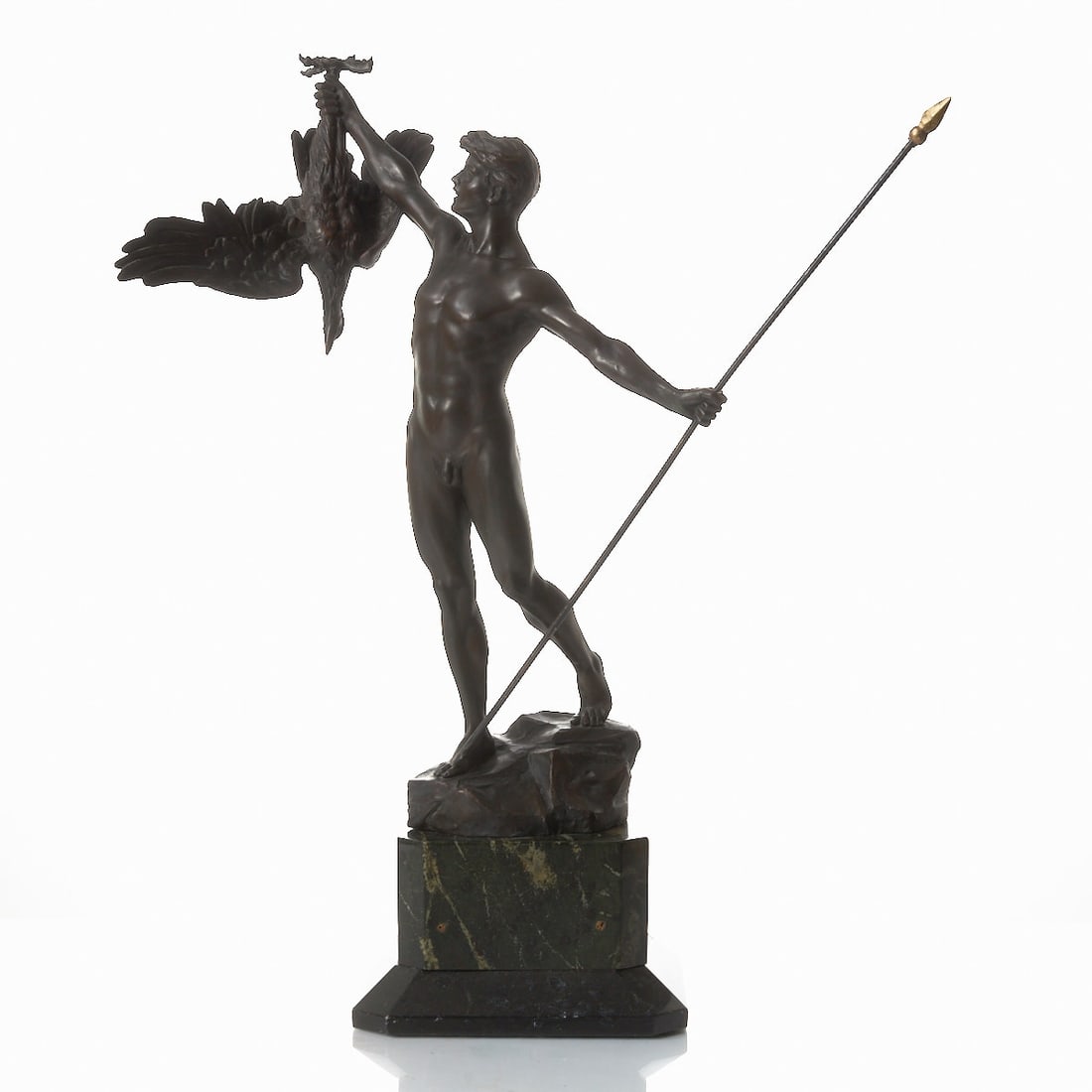 Otto Schmidt-Hofer: Otto Schmidt-Hofer 1873 Berlin - 1925 Berlin - Hunter with bird. Bronze. Brown patinated. H. without/with base 43.5/54 cm. Signed on the plinth: Schmidt-Hofer. Restored spear probably later. - Lit.: