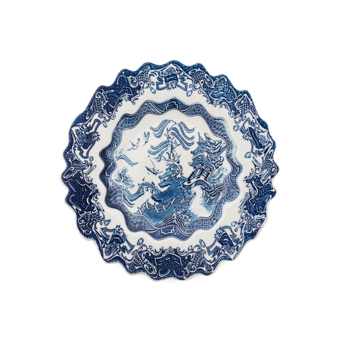 Dessert Plate Classics on Acid: Willow Wave - Diesel Living, Seletti: Dessert Plate Classics on Acid: Willow Wave - Diesel Living Seletti, Cicognara. Porcelain, white, glazed. Decorated in blue. D. 21.3 cm, H. 2.8 cm. Designed by Diesel Living. In the dinnerware series 
