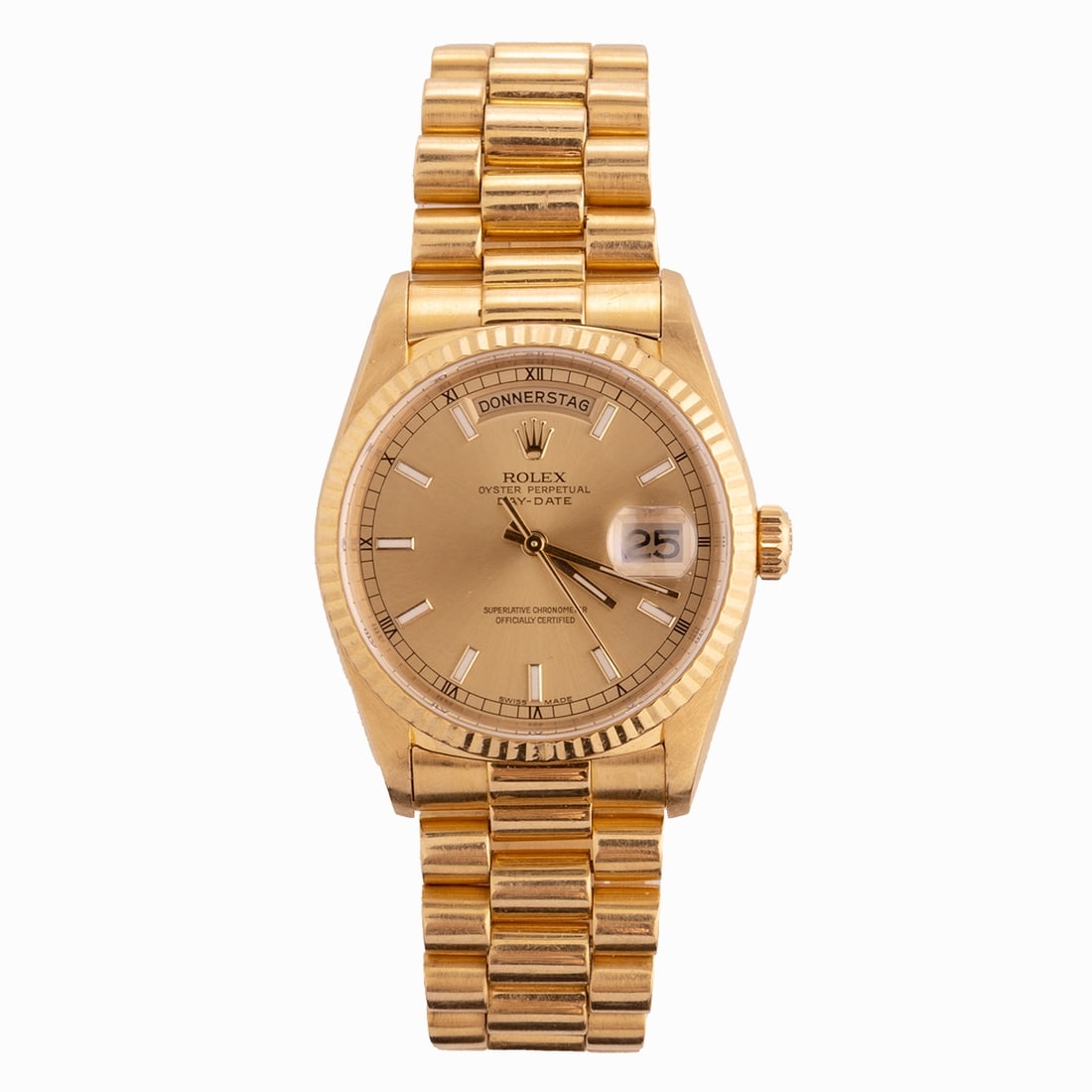 Rolex Men's Day-Date Wristwatch: Rolex Men's Day-Date Wristwatch Rolex Co., Switzerland. Model: Oyster Perpetual Day-Date. 750/- yellow gold, stamped. Total weight: 138.6 g. Ref. No.: 18038. Case D.: 3.6 cm. L. approx. 19.3 cm. Funct