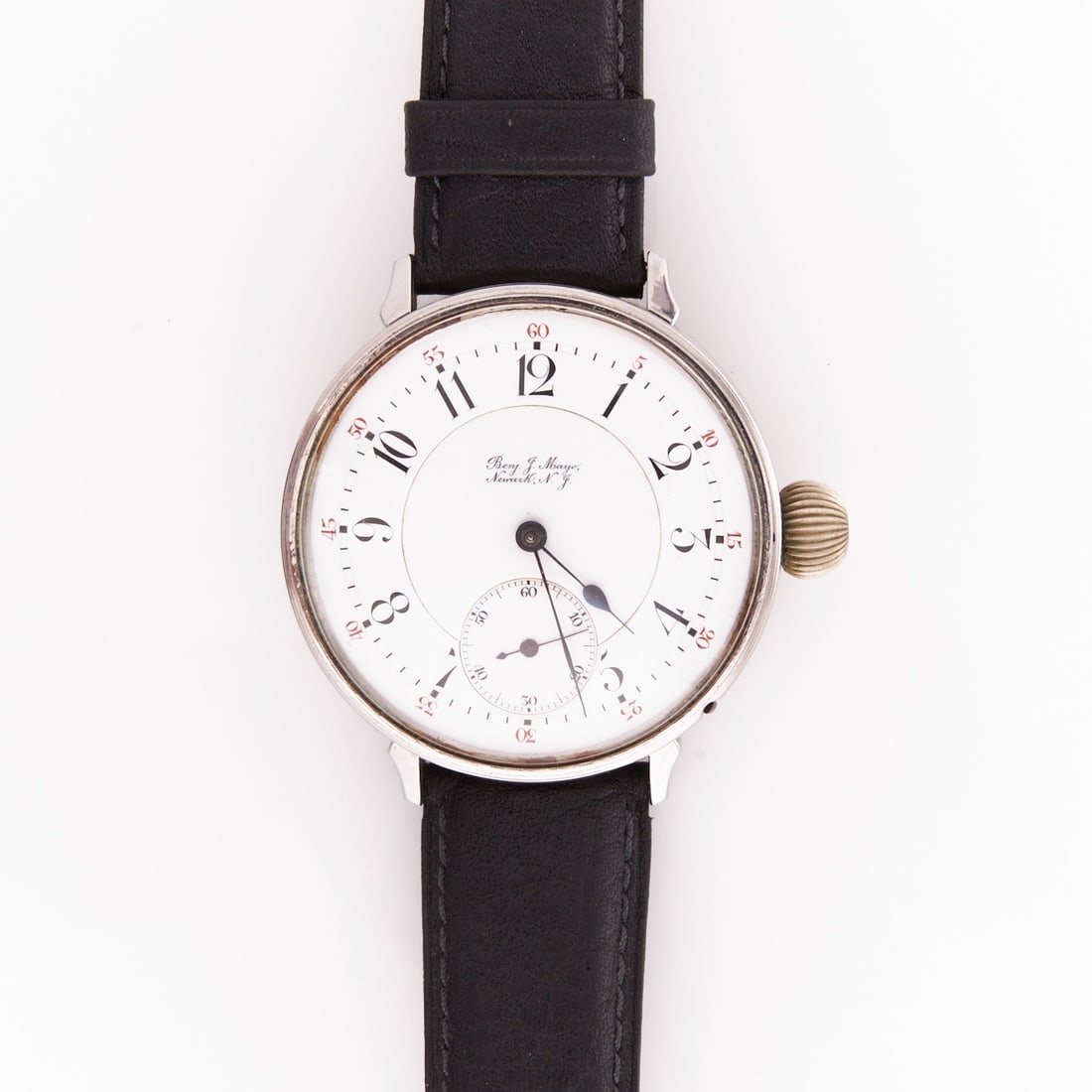 Benj. F. Mayo Men's Wristwatch in Steel with Pocket Watch Movement: Benj. F. Mayo Men's Wristwatch in Steel with Pocket Watch Movement Stainless steel. Total weight: 1052.4 g. Movement marked: Benj. Y. Mayo, Newark, N.J. Movement No. 102044. Dial marked Audemars Pigue