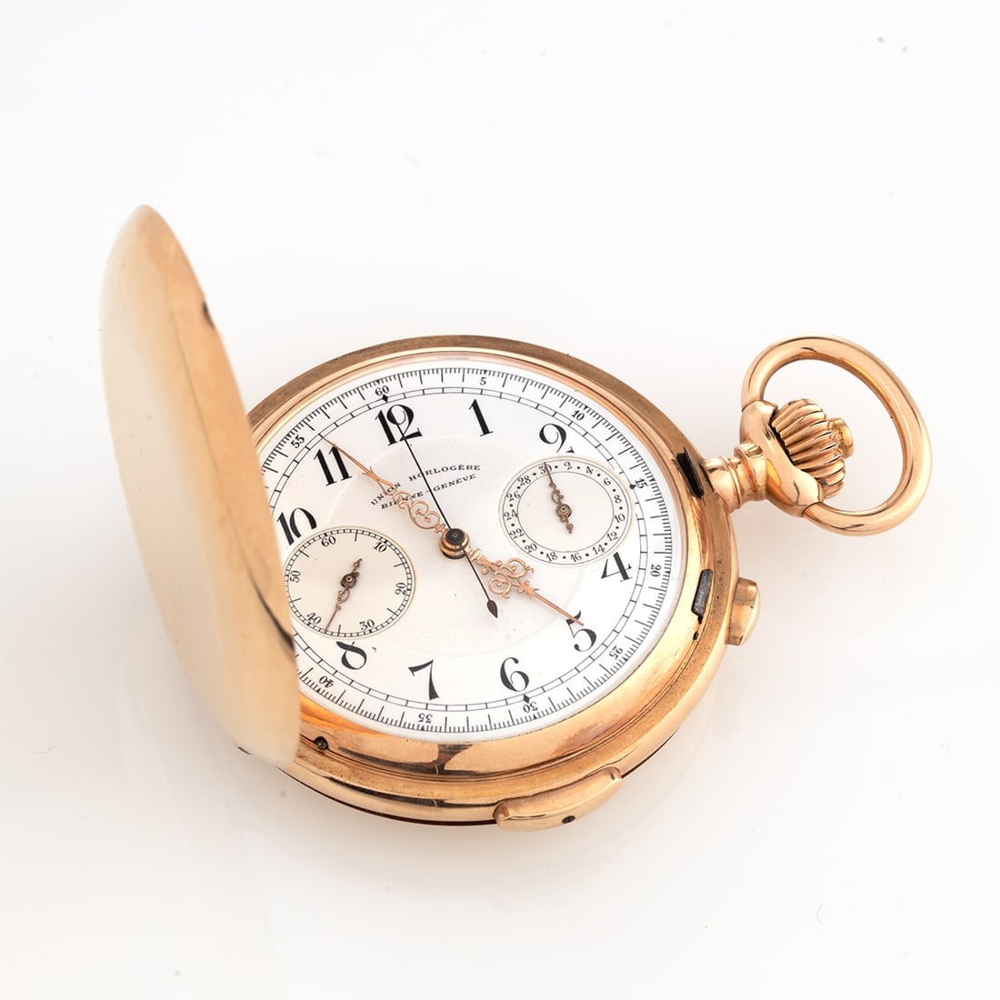 Savonette with Quarter Repeater: Savonette with Quarter Repeater Union Horlogere, Bienne, Geneva, Switzerland. Circa 1900. 585/- rose gold, stamped. Weight: 125.4 g. Three-cover gold. Covers partially hallmarked and numbered: 0.585, 
