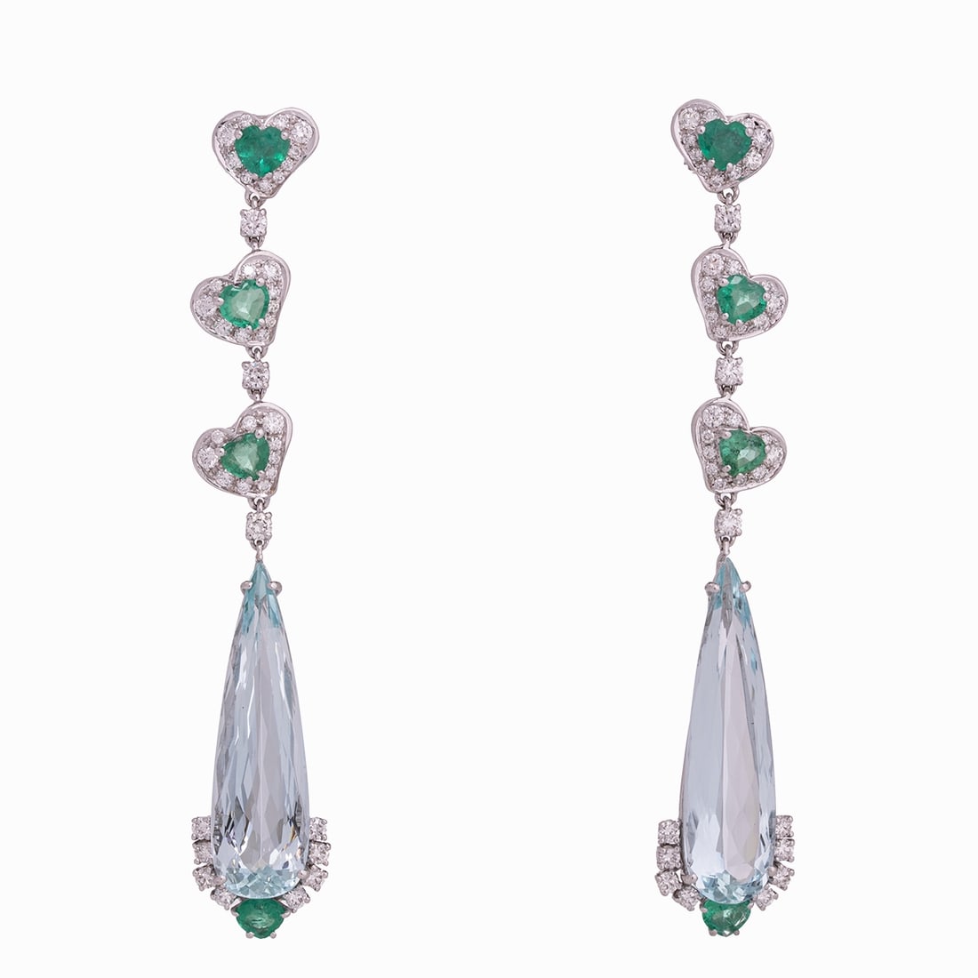 Pair of Aquamarine and Emerald Earrings: Pair of Aquamarine and Emerald Earrings 750/- white gold, stamped. Total weight: 17.2 g. 2 aquamarines in pampel-shaped drop cut total approx. 21.69 ct. 8 emeralds in heart cut total approx. 3.03 ct.