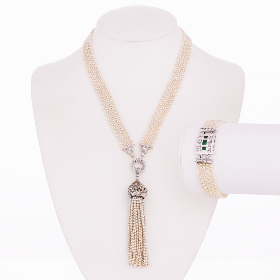 Magnificent Seed Pearl Necklace with Pearl Tassel and Bracelet with Emerald Clasp (1 of 1)