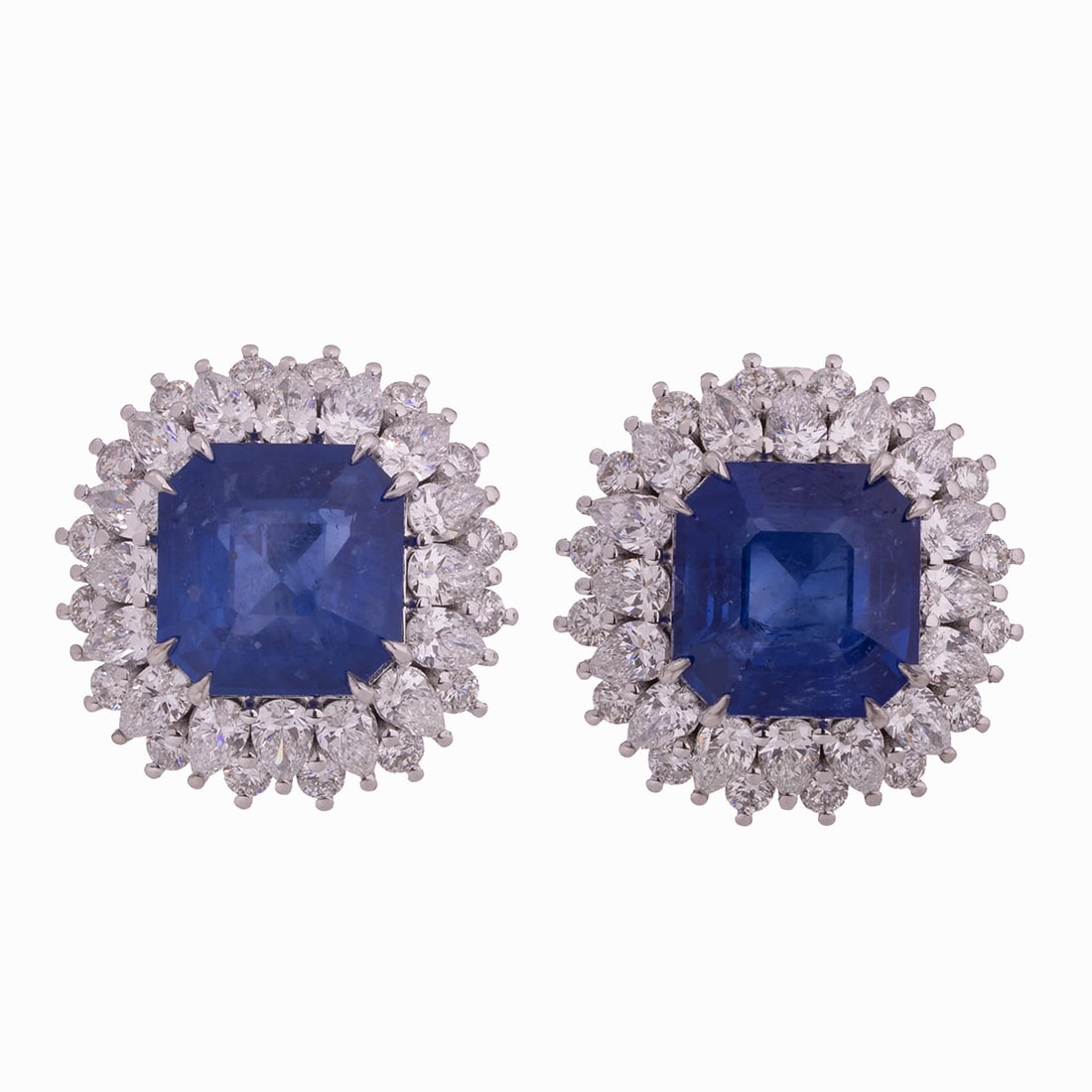 Sapphire Diamond Earrings: Sapphire and Diamond Earrings 750/- white gold, stamped. Total weight: 14.82 g. 2 sapphires approx. 6.49 ct and approx. 6.09 ct, heated. Various brilliant-cut and pear-cut diamonds totaling approx.