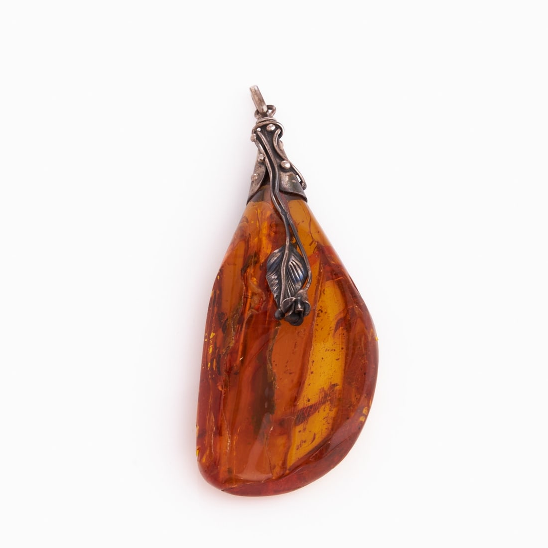 Large Amber Pendant with Floral Silver Mounting (1 of 1)