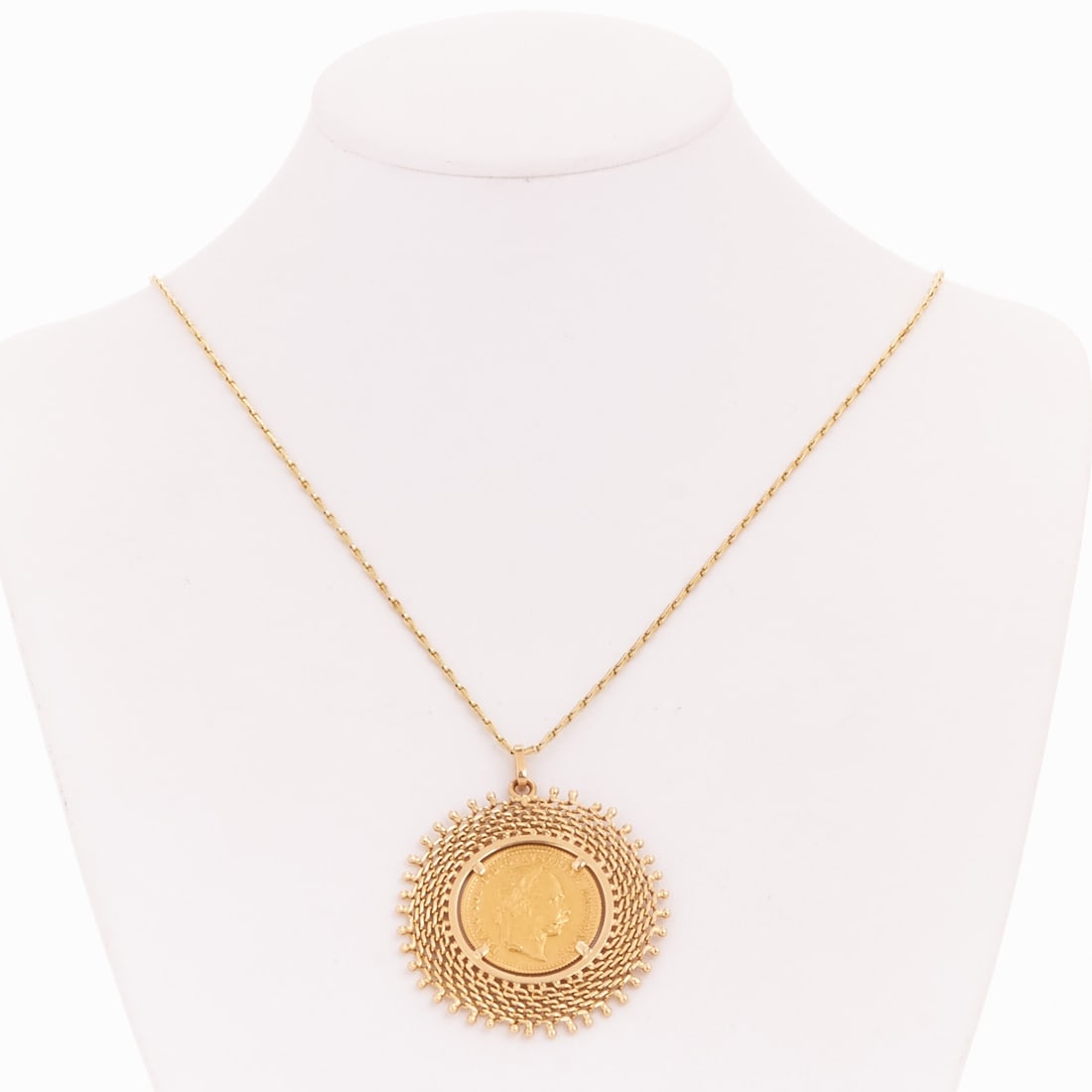 Coin Pendant and Necklace: Coin Pendant and Necklace Austria, circa 1920. 4-Ducat, Dated: 1915. Motif: Emperor Franz Joseph I. 900/- fine gold and 585/- yellow gold, stamped. Total weight: 17.4 g. Fine gold weight: 11.26 g. Cha