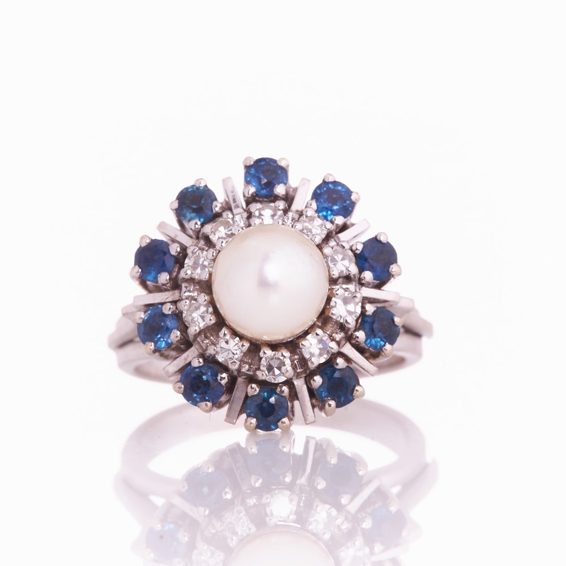 Unusual Ring with Pearl, Sapphires and Brilliant Cut Diamonds (1 of 1)