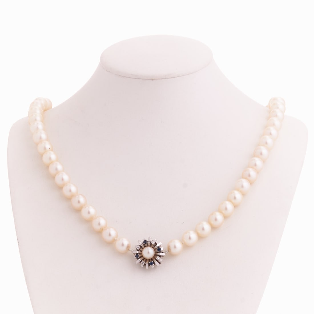 Pearl Necklace with Diamond and Sapphire Clasp (1 of 1)