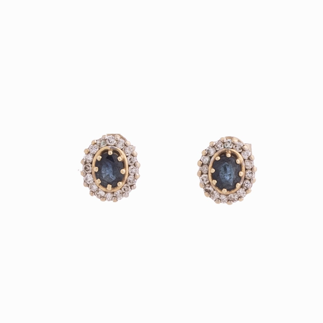 Pair of Elegant Sapphire Earrings with Brilliant-Cut Diamonds: Pair of elegant sapphire earrings with brilliant-cut diamonds Probably 585/- yellow gold, unstamped. Gold-plated silver stopper, stamped. Weight: 2.76 g. 2 oval-cut sapphires (5.3 4.2 x 4 mm), total a