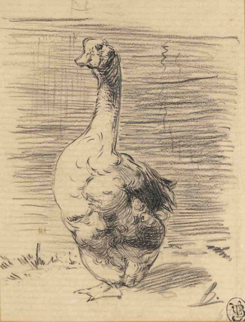 Félix Bracquemond 1833 Paris - 1914 Sèvres - ...: Félix Bracquemond 1833 Paris - 1914 Sèvres - Zeichnung einer Gans - Graphit/Papier. 10,5 x 8 cm. Monogr. r. u.: B. (mit Unterstrich). Sammlerstempel r. u.: J oder Y und B ligiert in ovalem Kreis. RS