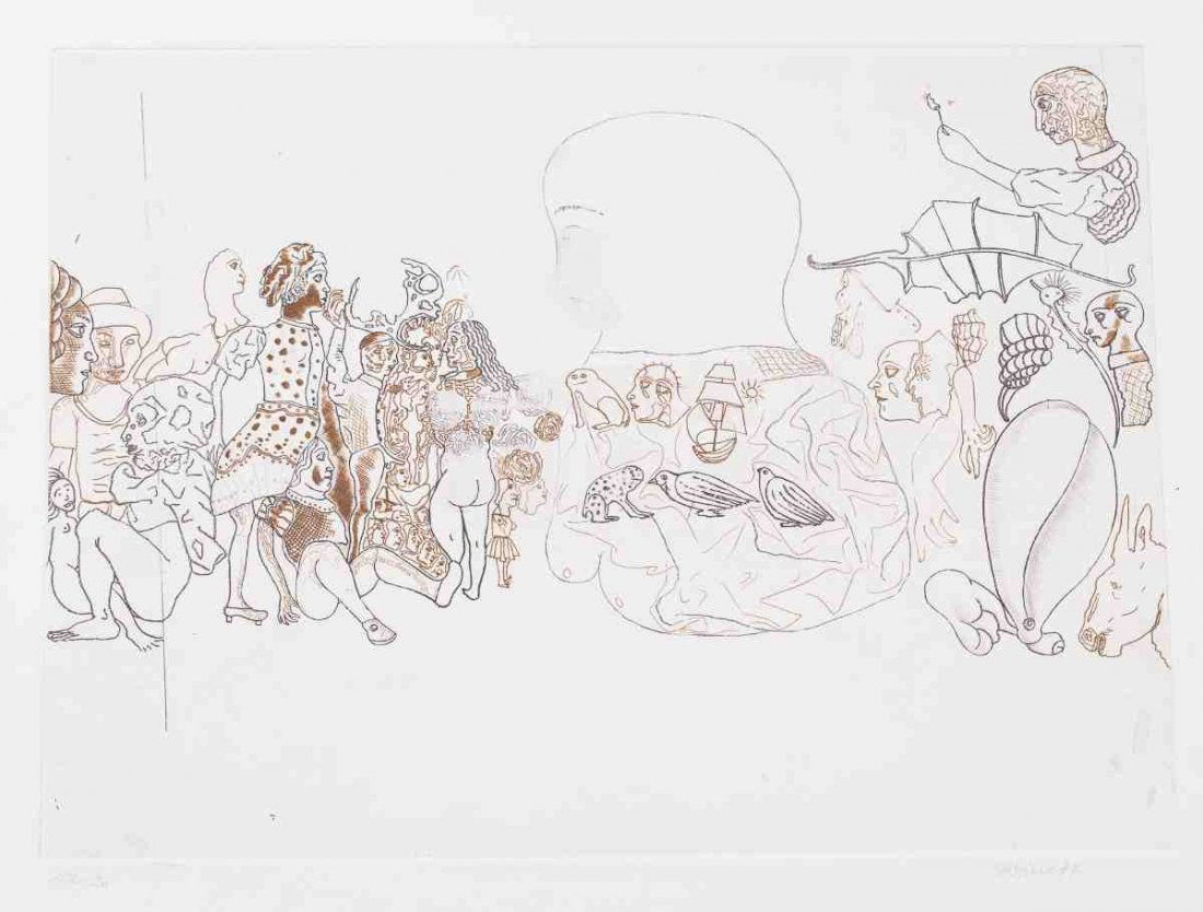 Jorge Castillo 1933 Pontevedra/Spanien - lebt...: Jorge Castillo 1933 Pontevedra/Spanien - lebt und arbeitet in New York - Ohne Titel - Farbradierung/Bütten. 12/20. 30 x 39,5 cm, 38 x 53, 5 cm. Sign. und dat. r. u.: Castillo 77. Das Blatt liegt lose