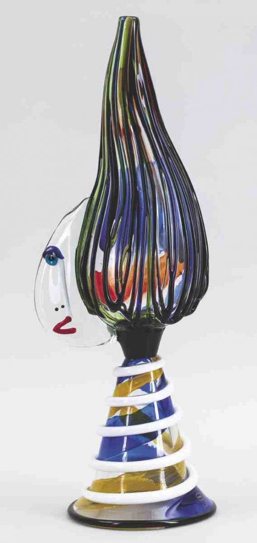 Unikat Skulptur 'Frau mit wehendem Haar' Mari...: Unikat Skulptur 'Frau mit wehendem Haar' Mario Badioli, Murano. Farbloses Glas mit gelben, orangen, grün und blauen Einschmelzungen. Opakweiße Aufschmelzungen. Violetter Rand. Auf dem Sockel bez.: B