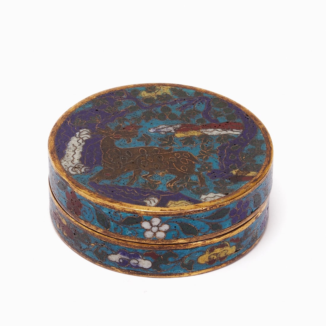 Rare Cloisonn?© Enamel Bronze Box with Lid: Rare Cloisonné Enamel Bronze Box with Lid China, probably Qing Dynasty, 17th-18th century. Gilt bronze, colored cloisonné enamel in white, yellow, blue and green on a sky-blue ground. D.