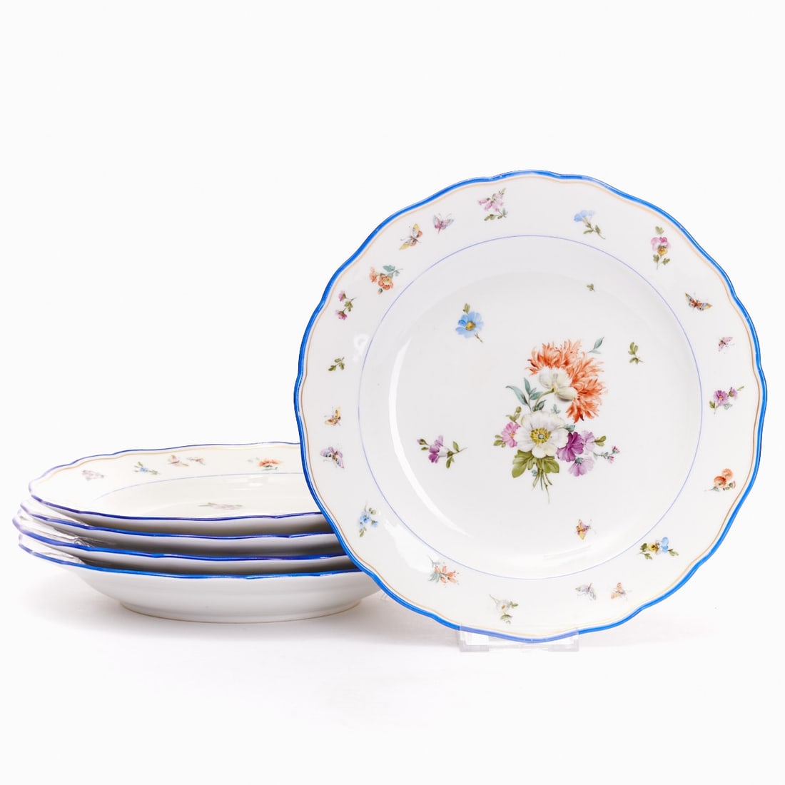 5 Dinner Plates - New Cutout: Flower Bouquet and Scattered Flowers with Insects, Meissen 1850-1924 (1 of 6)